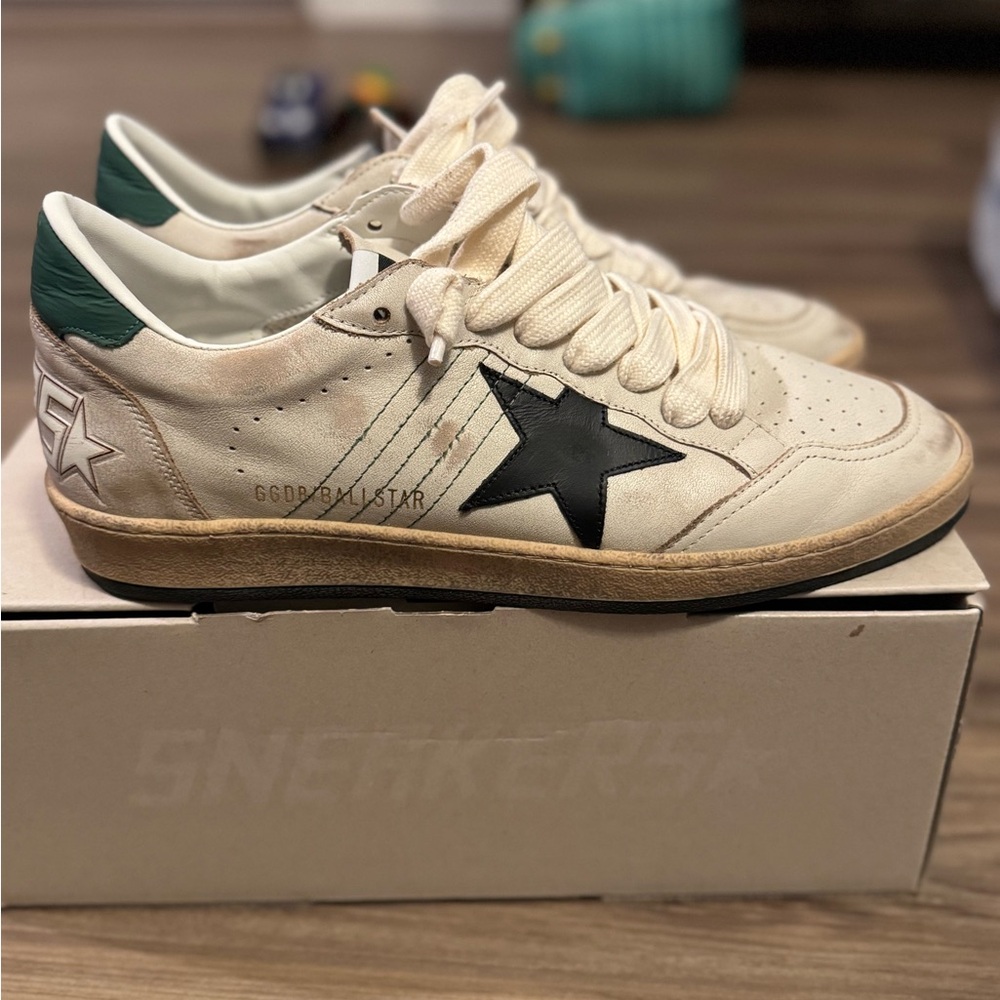 Golden Goose Cream and Green Star Sneakers